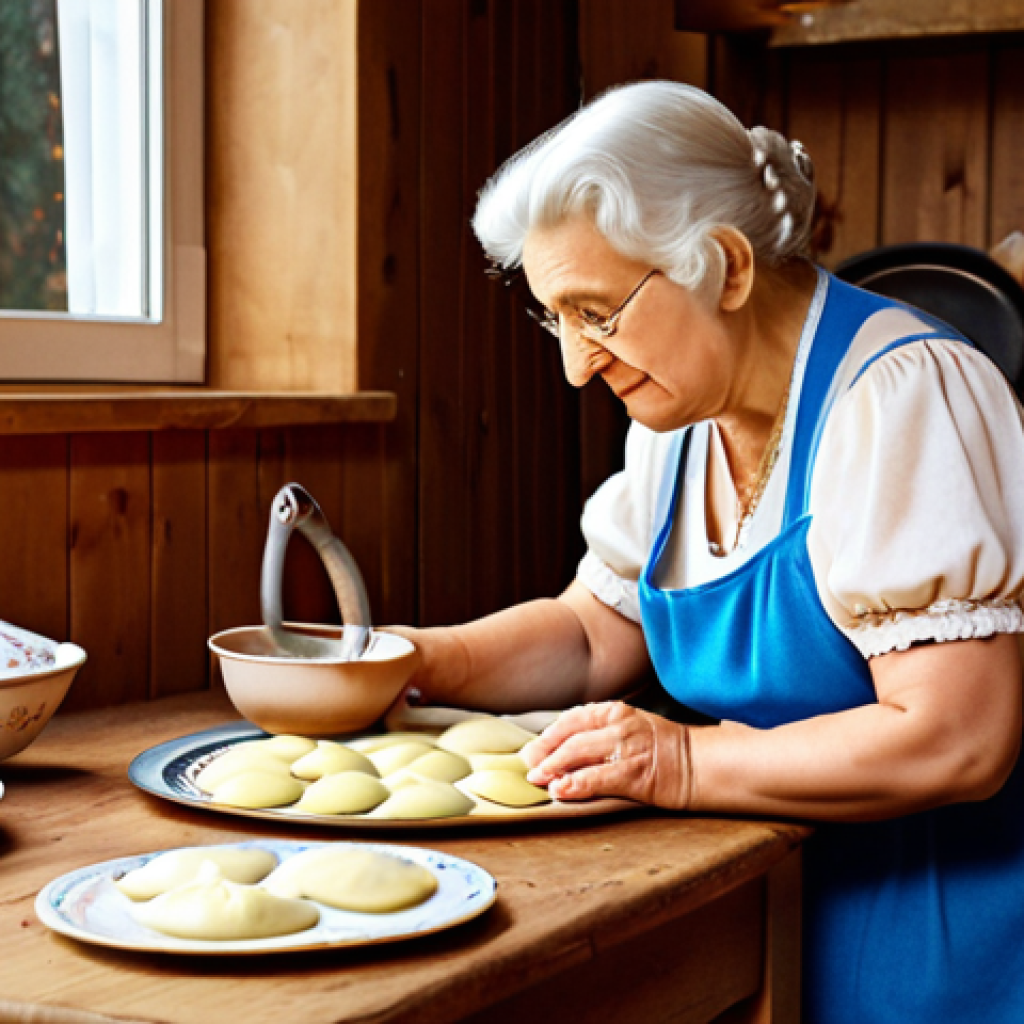 **Prompt:** Cozy Polish kitchen, grandmother (babcia) teaching granddaughter traditional pierogi recipe, warm lighting, family heirloom cookbook, rustic wooden table, modern appliances subtly visible in the background, nostalgic atmosphere.