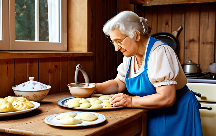 **Prompt:** Cozy Polish kitchen, grandmother (babcia) teaching granddaughter traditional pierogi recipe, warm lighting, family heirloom cookbook, rustic wooden table, modern appliances subtly visible in the background, nostalgic atmosphere.